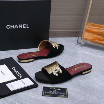 Chanel 2026 Sandals Black Gold Suede Leather 758413