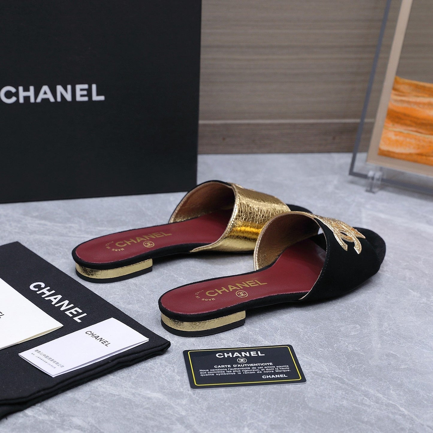 Chanel 2026 Sandals Black Gold Suede Leather 758413