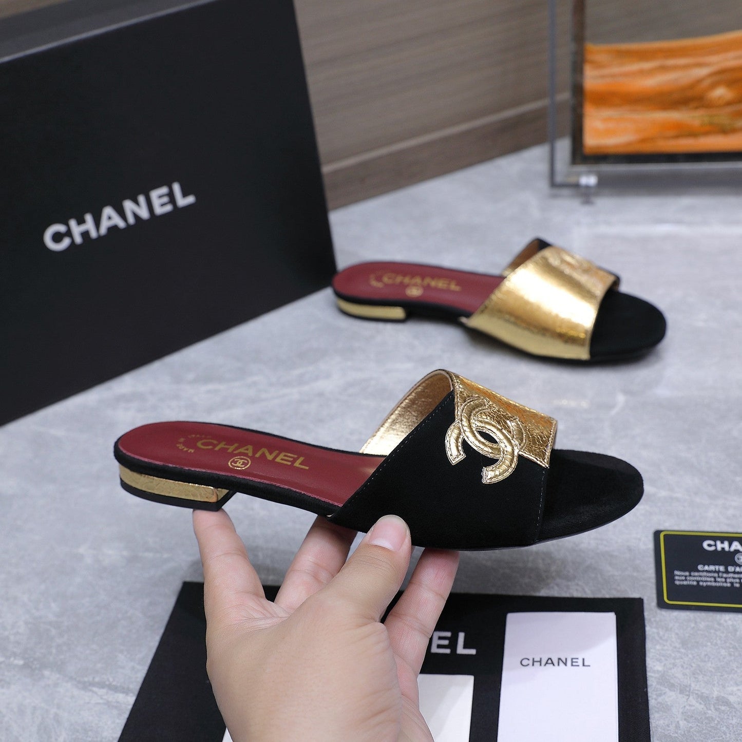 Chanel 2026 Sandals Black Gold Suede Leather 758413