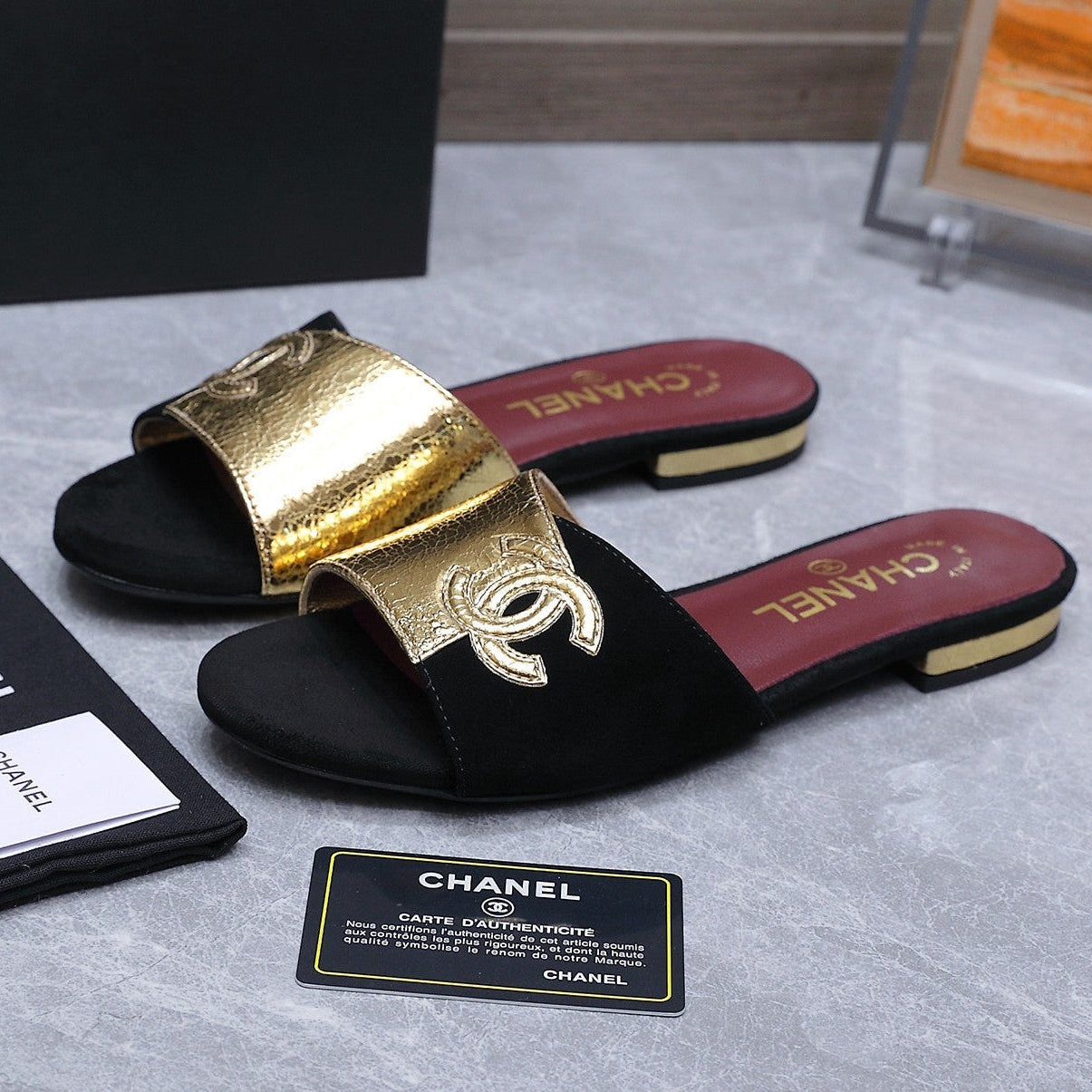 Chanel 2026 Sandals Black Gold Suede Leather 758413