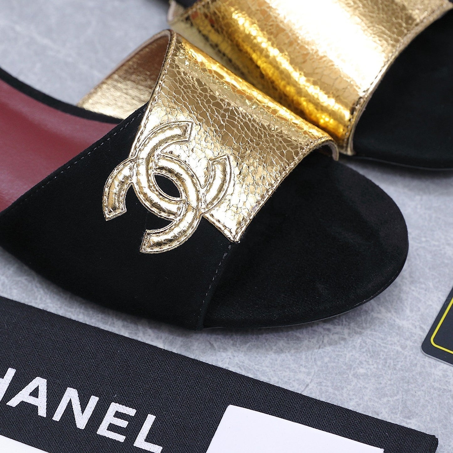 Chanel 2026 Sandals Black Gold Suede Leather 758413