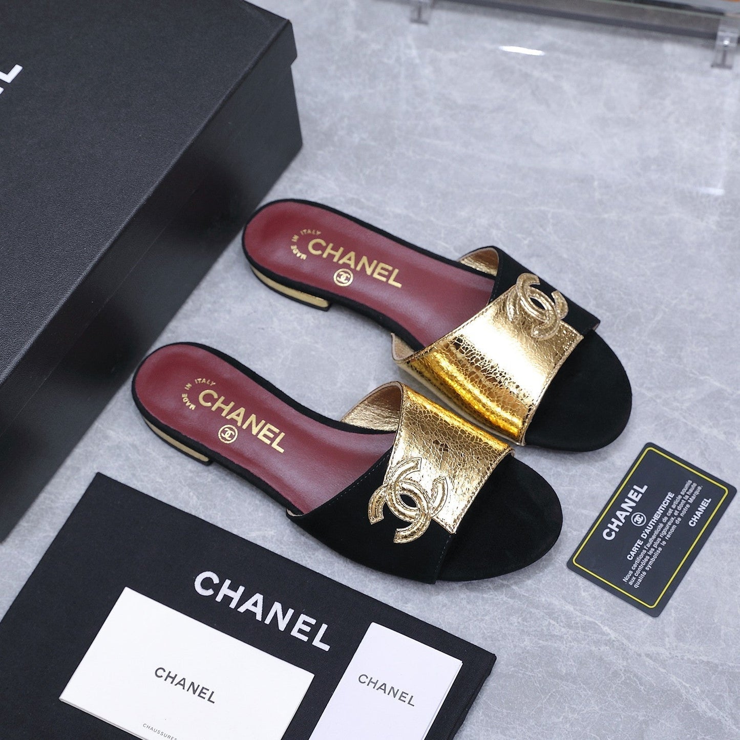 Chanel 2026 Sandals Black Gold Suede Leather 758413