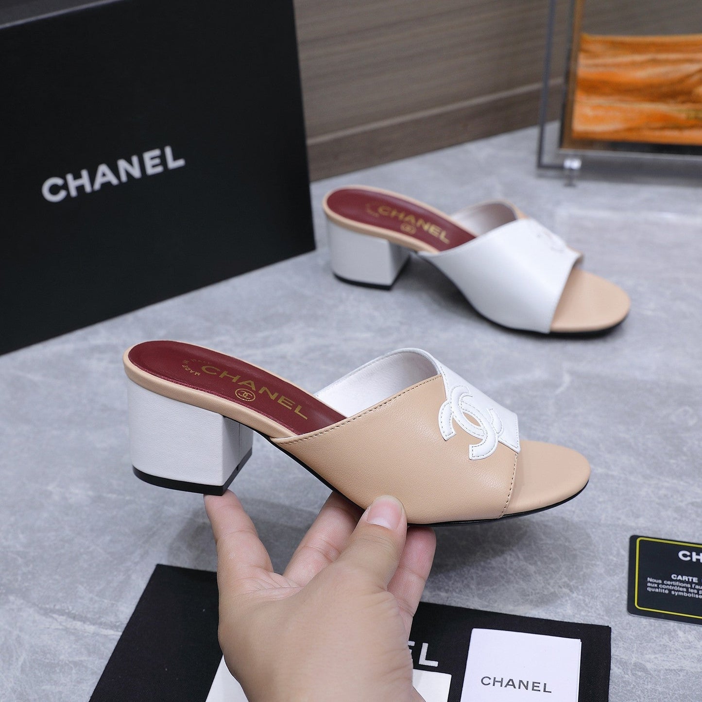 Chanel 2026 High-Heeled Sandals Beige White Suede Leather 758415