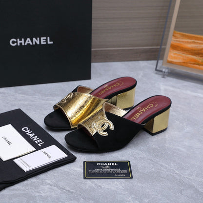 Chanel 2026 High-Heeled Sandals Black Gold Suede Leather 758417