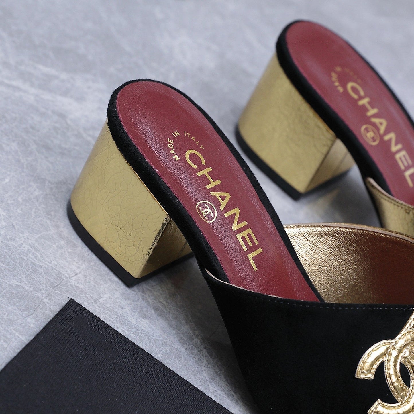 Chanel 2026 High-Heeled Sandals Black Gold Suede Leather 758417