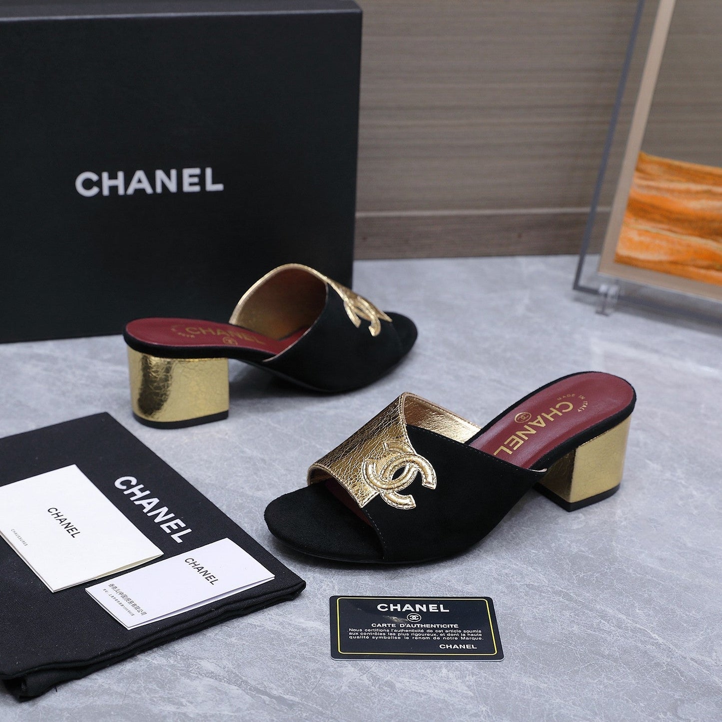 Chanel 2026 High-Heeled Sandals Black Gold Suede Leather 758417