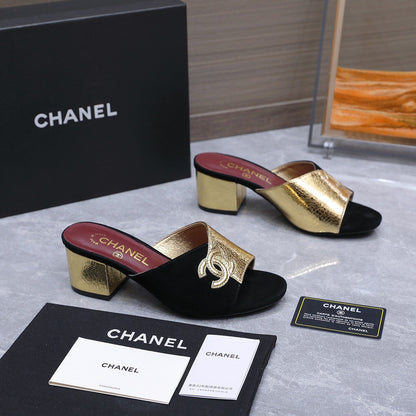 Chanel 2026 High-Heeled Sandals Black Gold Suede Leather 758417