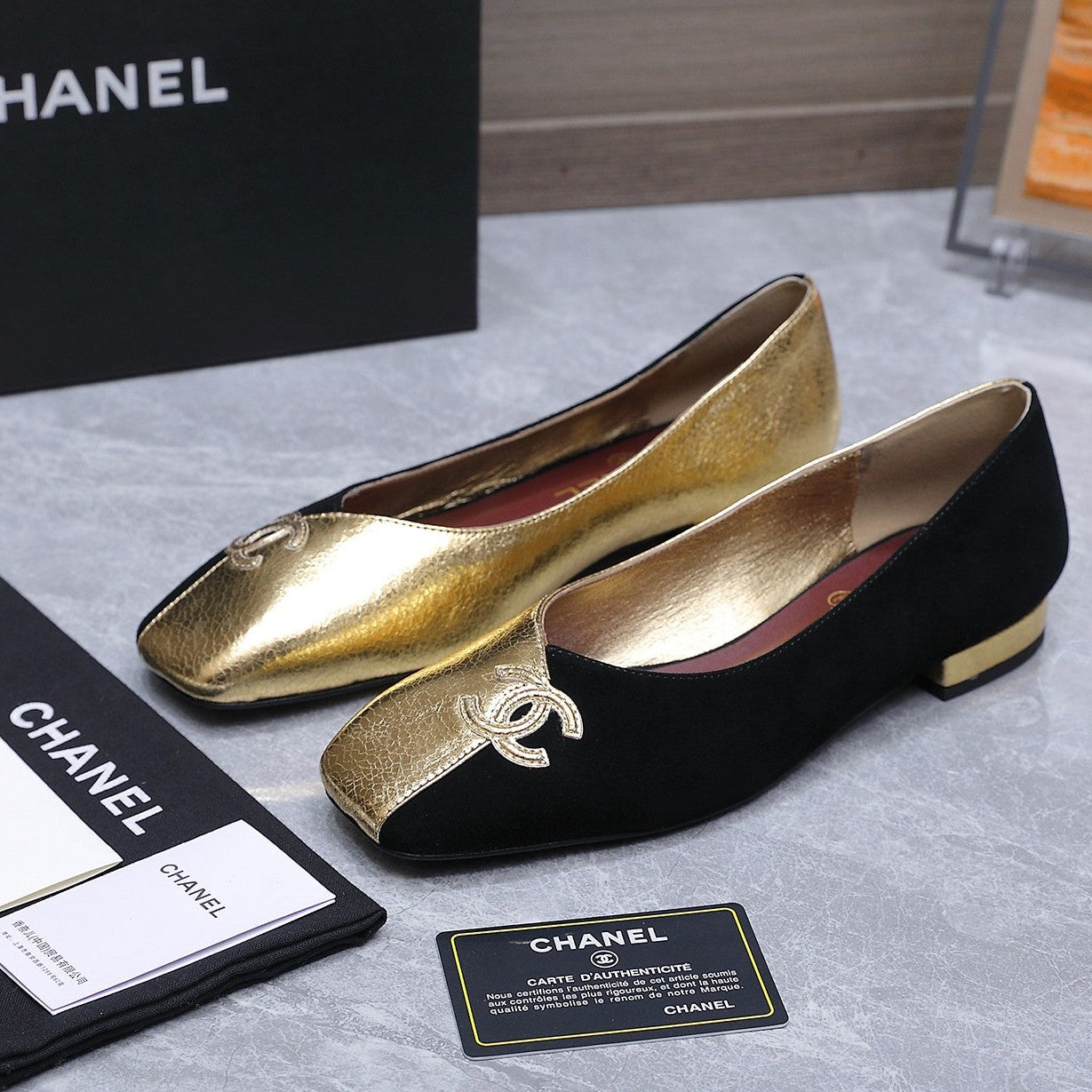Chanel 2026 Ballet Flats Black Gold Suede Sheepskin 758421