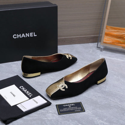 Chanel 2026 Ballet Flats Black Gold Suede Sheepskin 758421