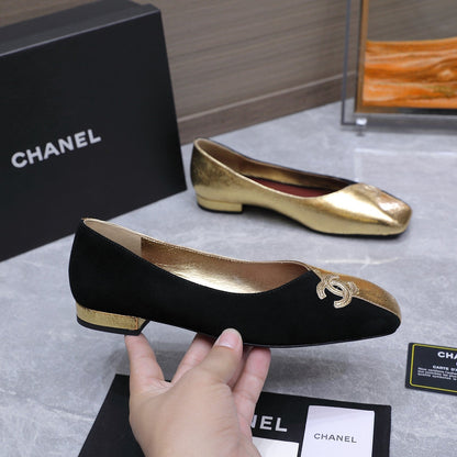 Chanel 2026 Ballet Flats Black Gold Suede Sheepskin 758421