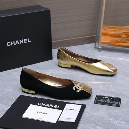 Chanel 2026 Ballet Flats Black Gold Suede Sheepskin 758421