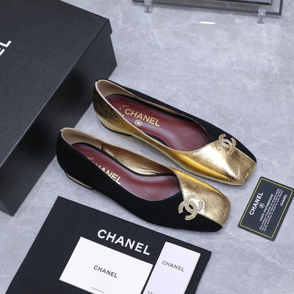 Chanel 2026 Ballet Flats Black Gold Suede Sheepskin 758421