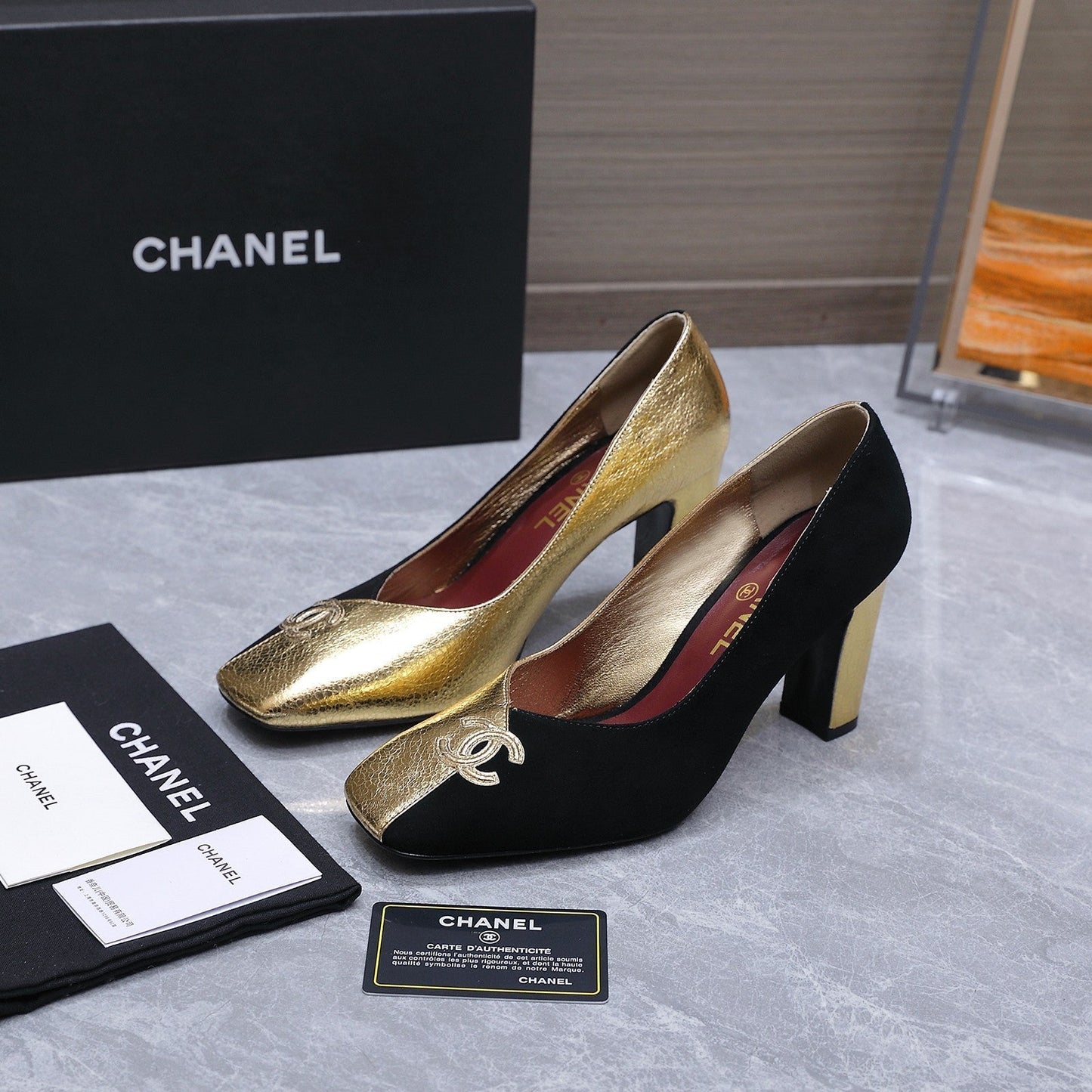 Chanel 2026 High-Heeled Pump 85mm Black-Gold Suede Sheepskin 758425