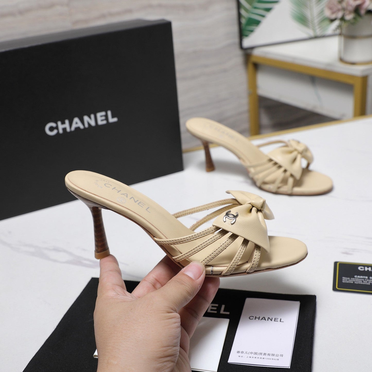Chanel 2026 High-heeled Sandals With Delicate Bow 80mm Beige Cowhide 758428