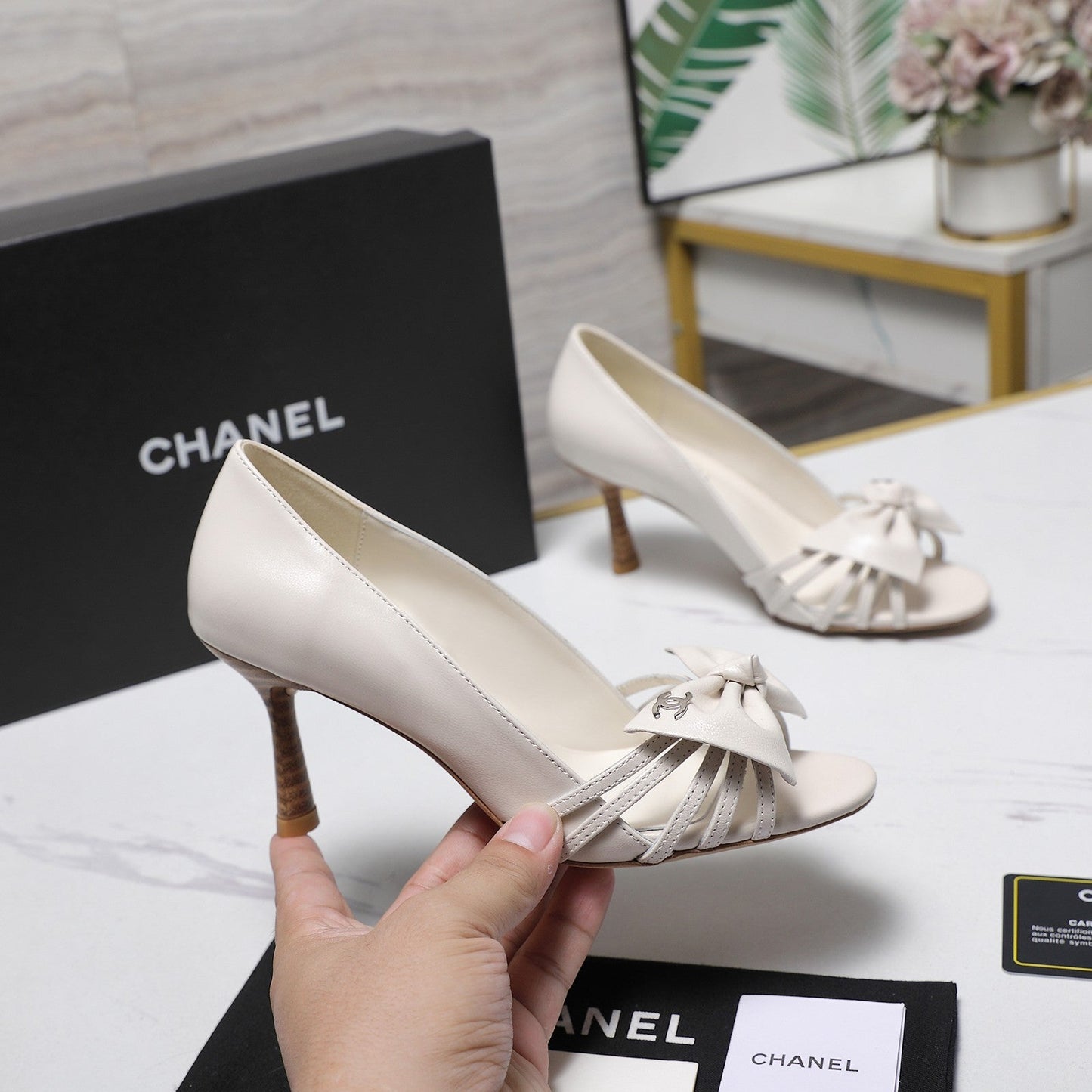 Chanel 2026 Bow Strappy High-Heeled Peep Toe Sandals White Cowhide 758431