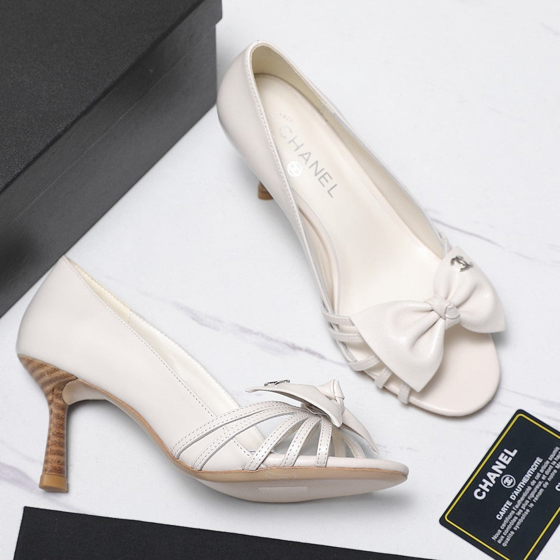 Chanel 2026 Bow Strappy High-Heeled Peep Toe Sandals White Cowhide 758431