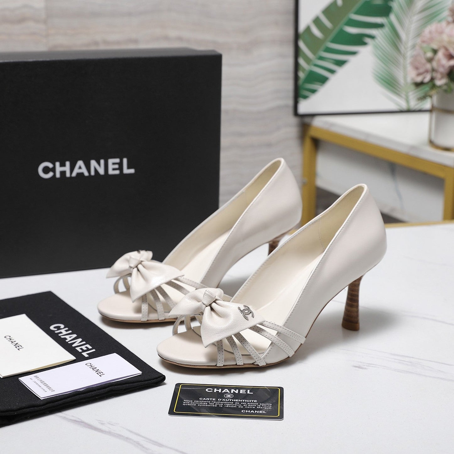 Chanel 2026 Bow Strappy High-Heeled Peep Toe Sandals White Cowhide 758431