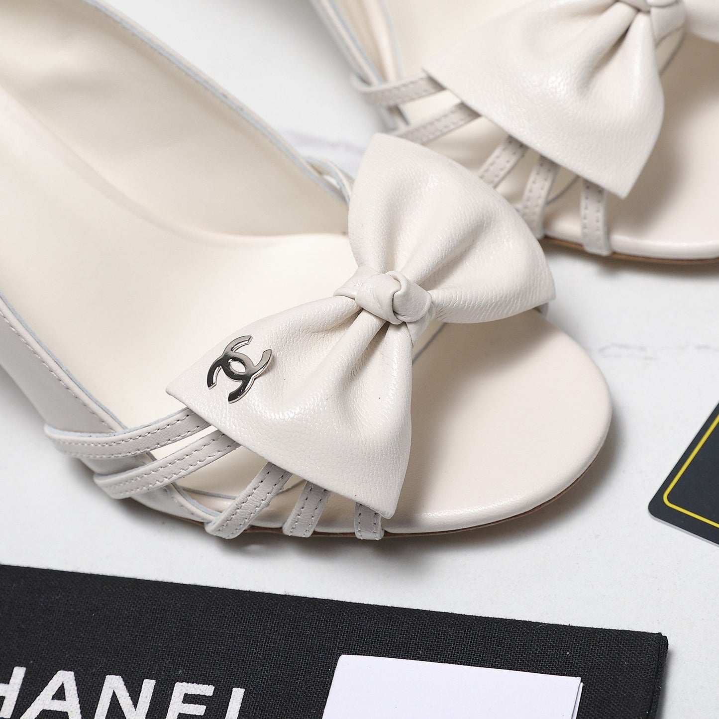 Chanel 2026 Bow Strappy High-Heeled Peep Toe Sandals White Cowhide 758431