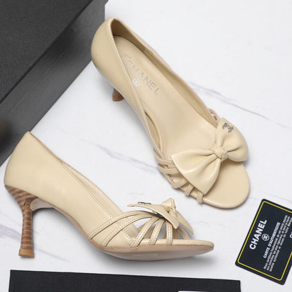 Chanel 2026 Bow Strappy High-Heeled Peep Toe Sandals Beige Cowhide 758432