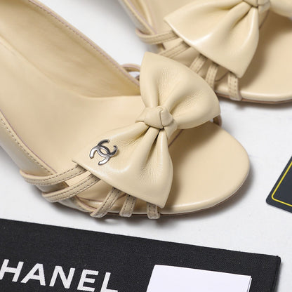 Chanel 2026 Bow Strappy High-Heeled Peep Toe Sandals Beige Cowhide 758432