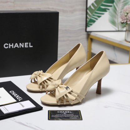 Chanel 2026 Bow Strappy High-Heeled Peep Toe Sandals Beige Cowhide 758432
