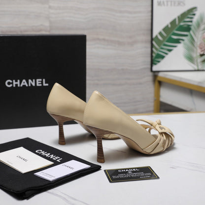 Chanel 2026 Bow Strappy High-Heeled Peep Toe Sandals Beige Cowhide 758432