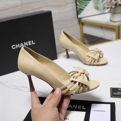 Chanel 2026 Bow Strappy High-Heeled Peep Toe Sandals Beige Cowhide 758432