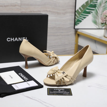 Chanel 2026 Bow Strappy High-Heeled Peep Toe Sandals Beige Cowhide 758432