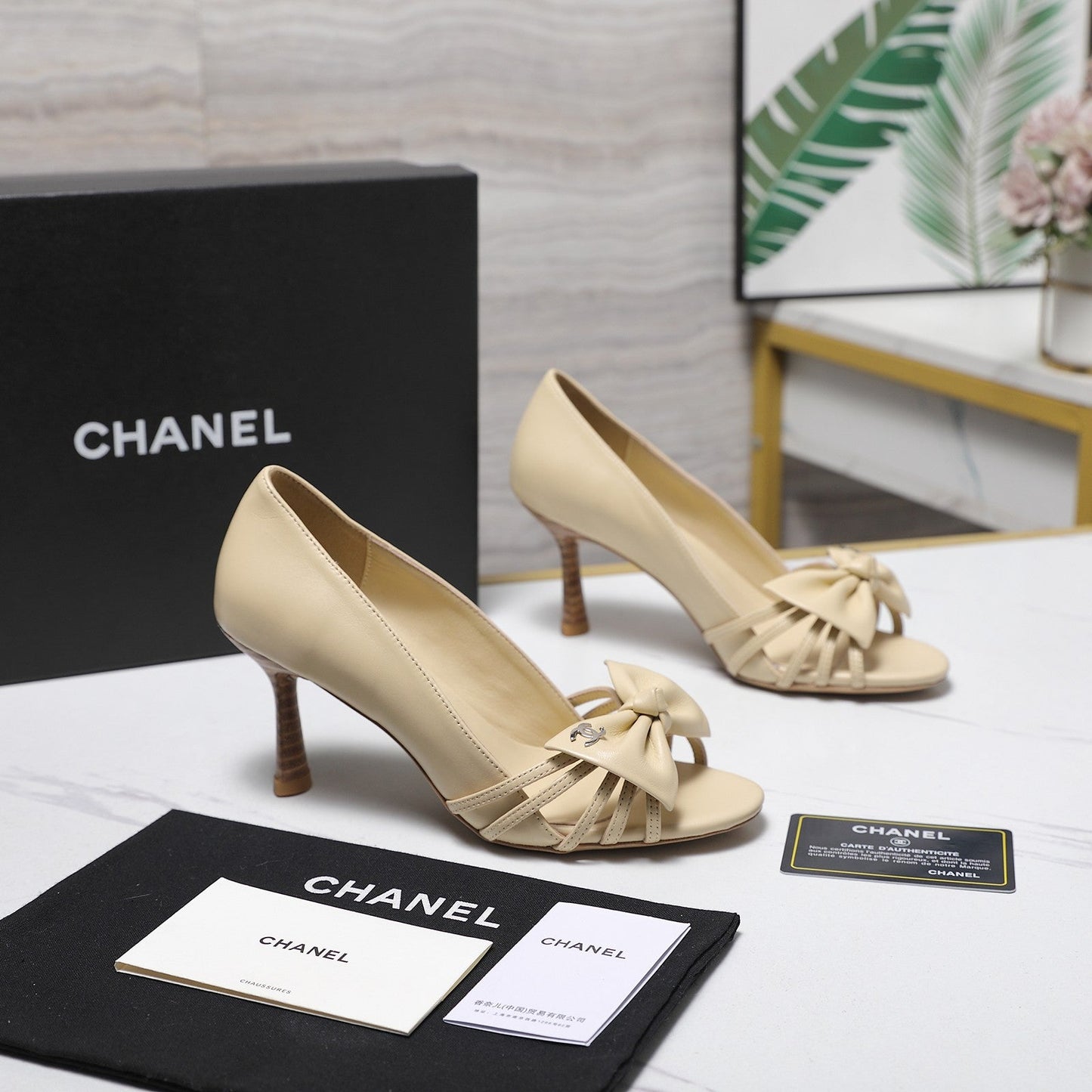 Chanel 2026 Bow Strappy High-Heeled Peep Toe Sandals Beige Cowhide 758432