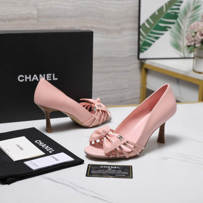 Chanel 2026 Bow Strappy High-Heeled Peep Toe Sandals Pink Cowhide 758433