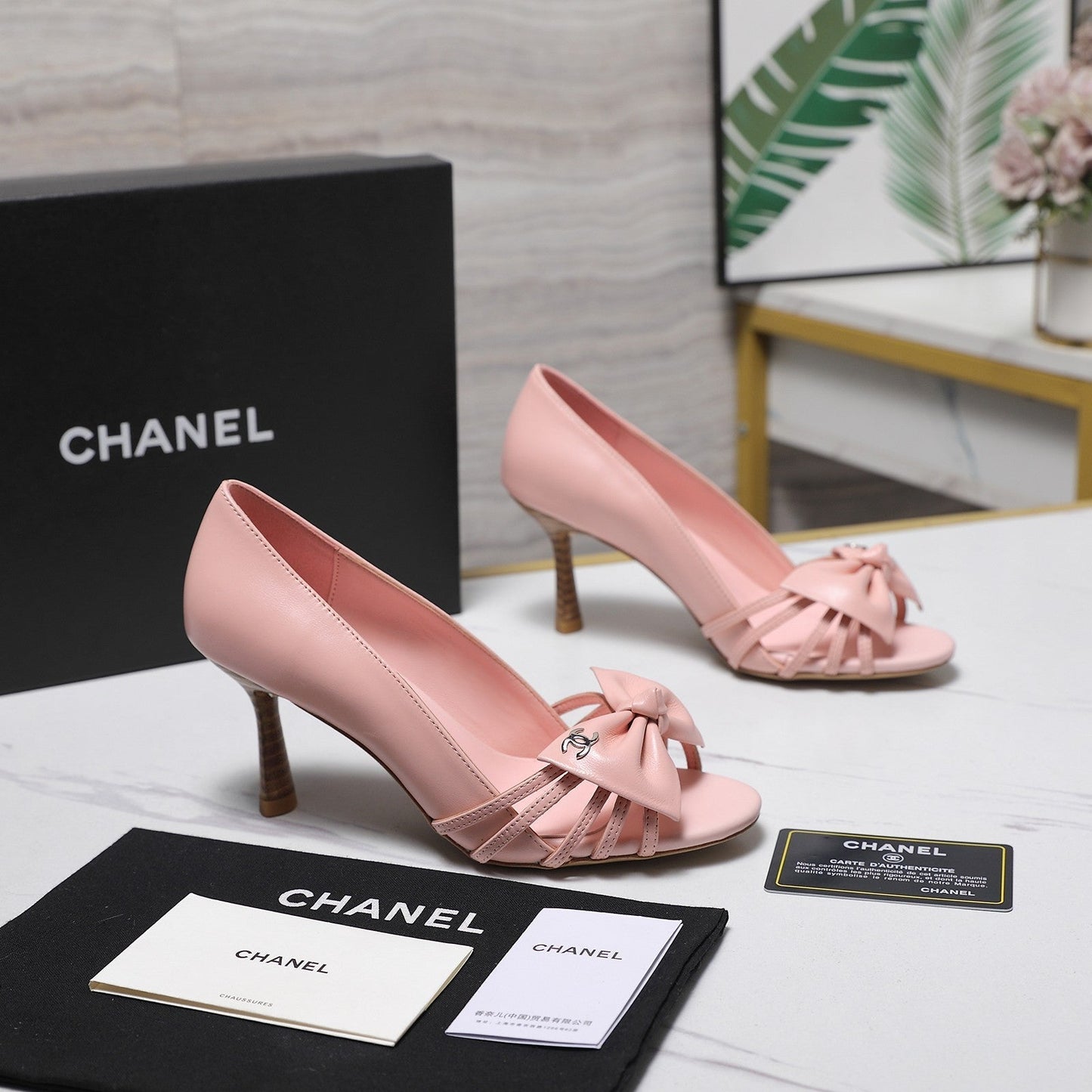Chanel 2026 Bow Strappy High-Heeled Peep Toe Sandals Pink Cowhide 758433