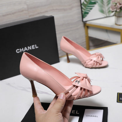Chanel 2026 Bow Strappy High-Heeled Peep Toe Sandals Pink Cowhide 758433
