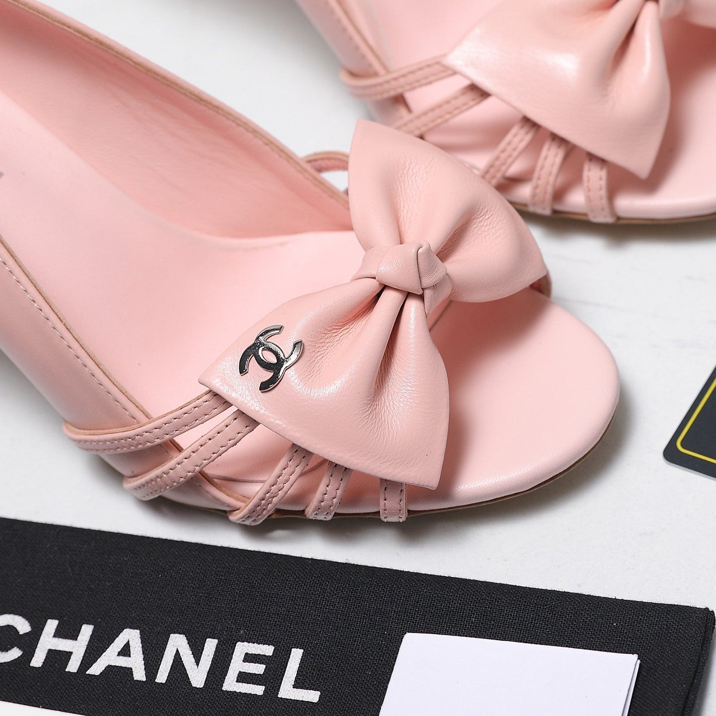 Chanel 2026 Bow Strappy High-Heeled Peep Toe Sandals Pink Cowhide 758433