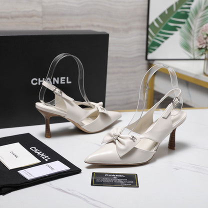 Chanel 2026 Bow Strappy High-Heeled Slingback 80mm White Cowhide 758435