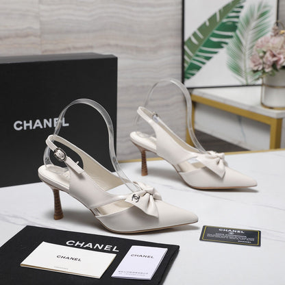 Chanel 2026 Bow Strappy High-Heeled Slingback 80mm White Cowhide 758435
