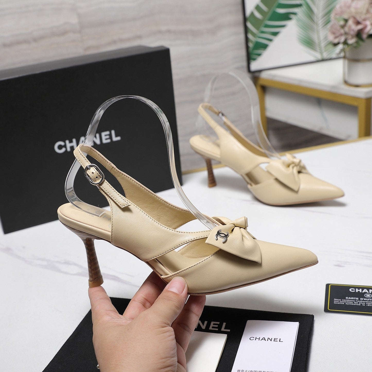 Chanel 2026 Bow Strappy High-Heeled Slingback 80mm Beige Cowhide 758436