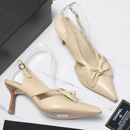 Chanel 2026 Bow Strappy High-Heeled Slingback 80mm Beige Cowhide 758436