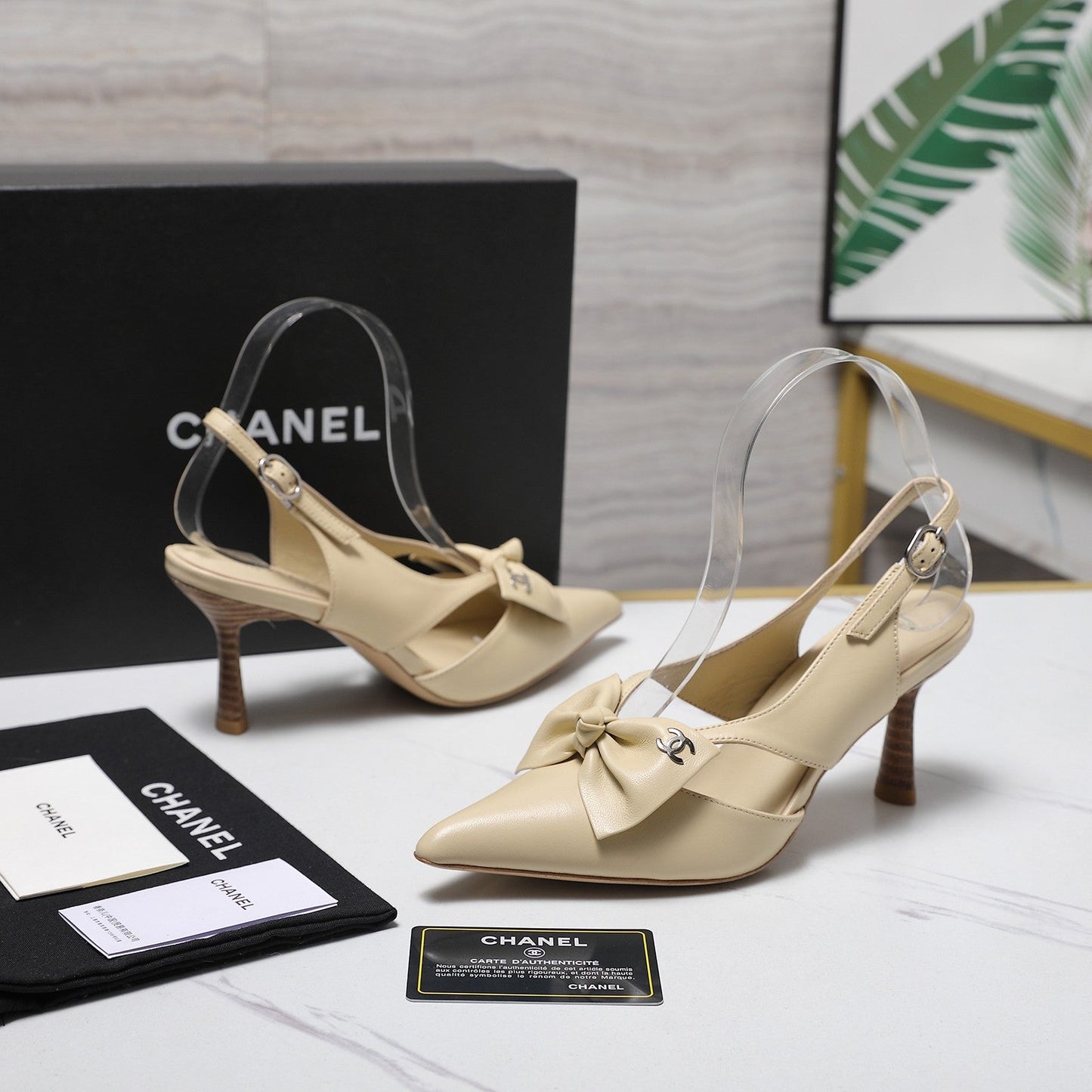 Chanel 2026 Bow Strappy High-Heeled Slingback 80mm Beige Cowhide 758436
