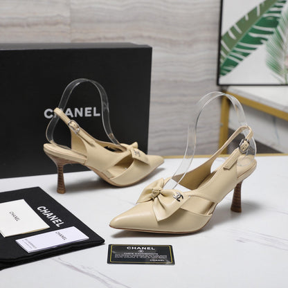 Chanel 2026 Bow Strappy High-Heeled Slingback 80mm Beige Cowhide 758436