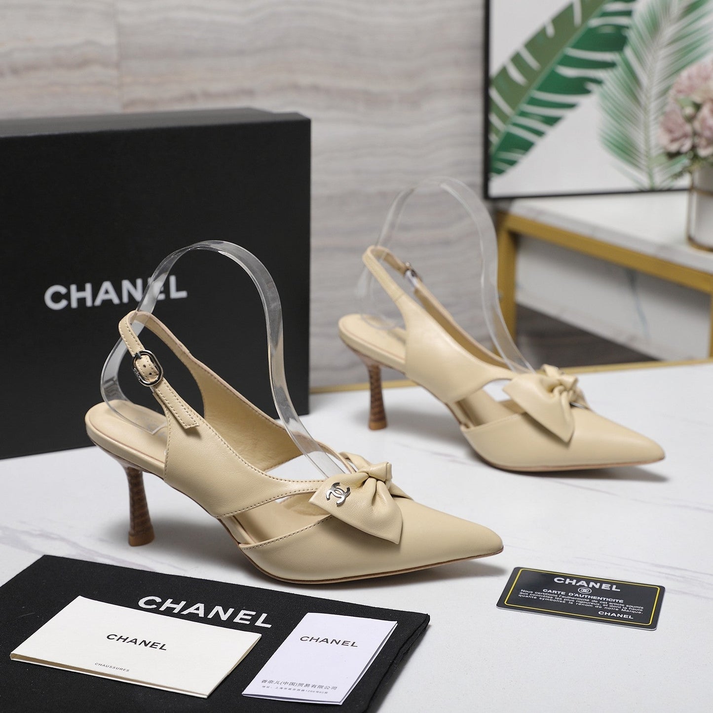 Chanel 2026 Bow Strappy High-Heeled Slingback 80mm Beige Cowhide 758436
