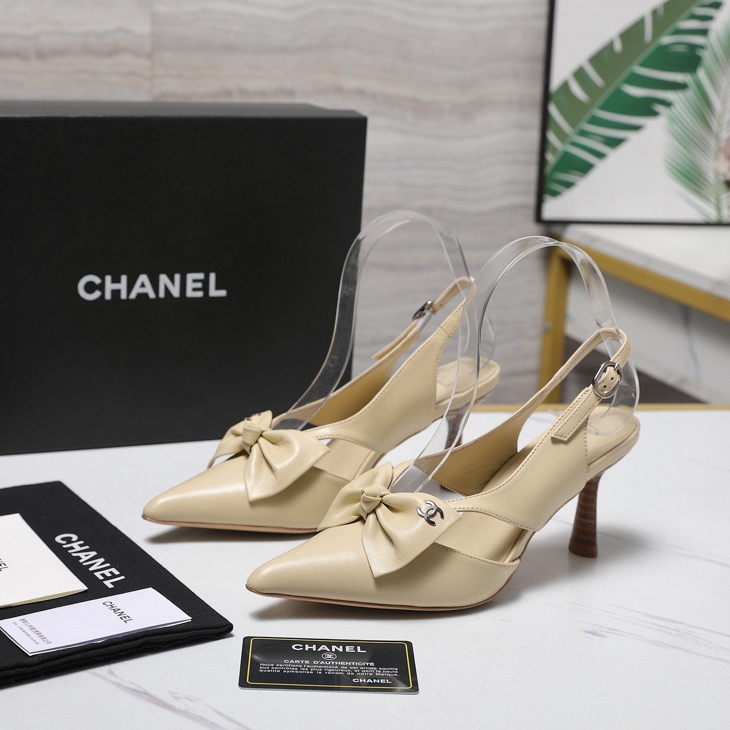 Chanel 2026 Bow Strappy High-Heeled Slingback 80mm Beige Cowhide 758436