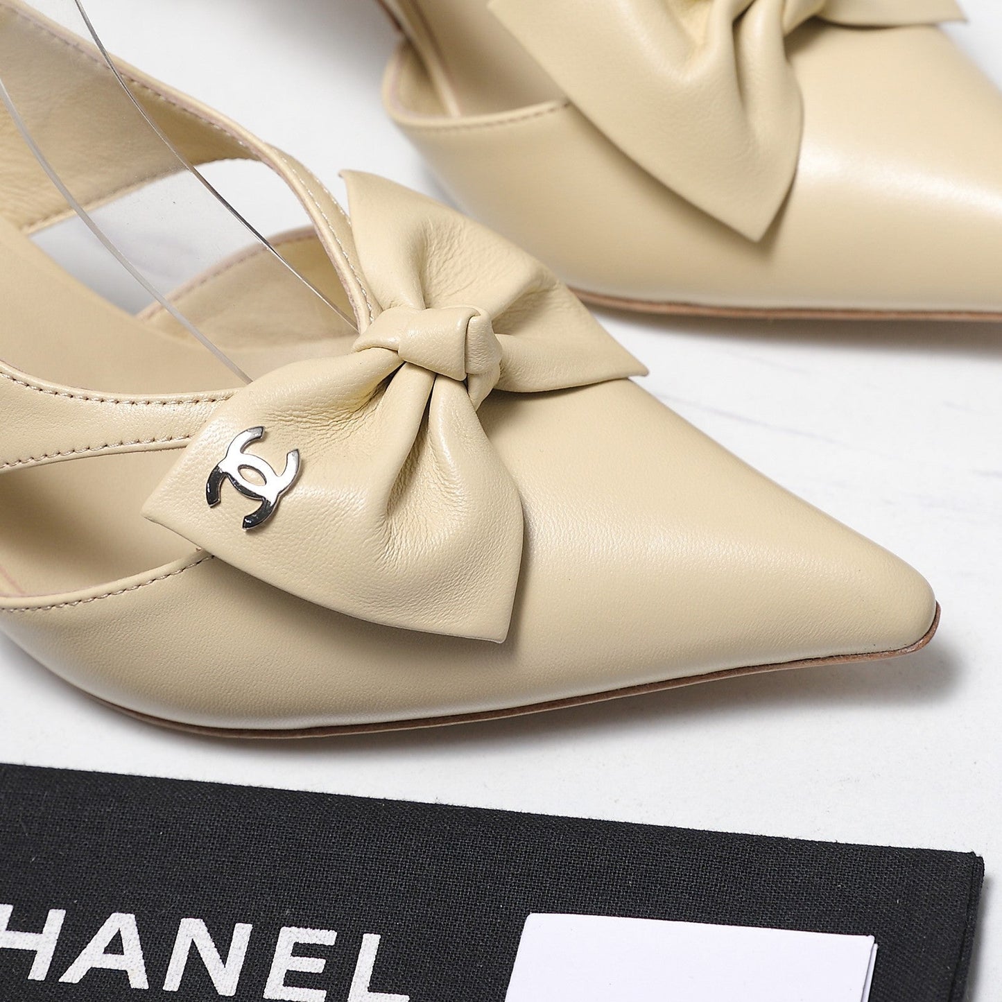 Chanel 2026 Bow Strappy High-Heeled Slingback 80mm Beige Cowhide 758436