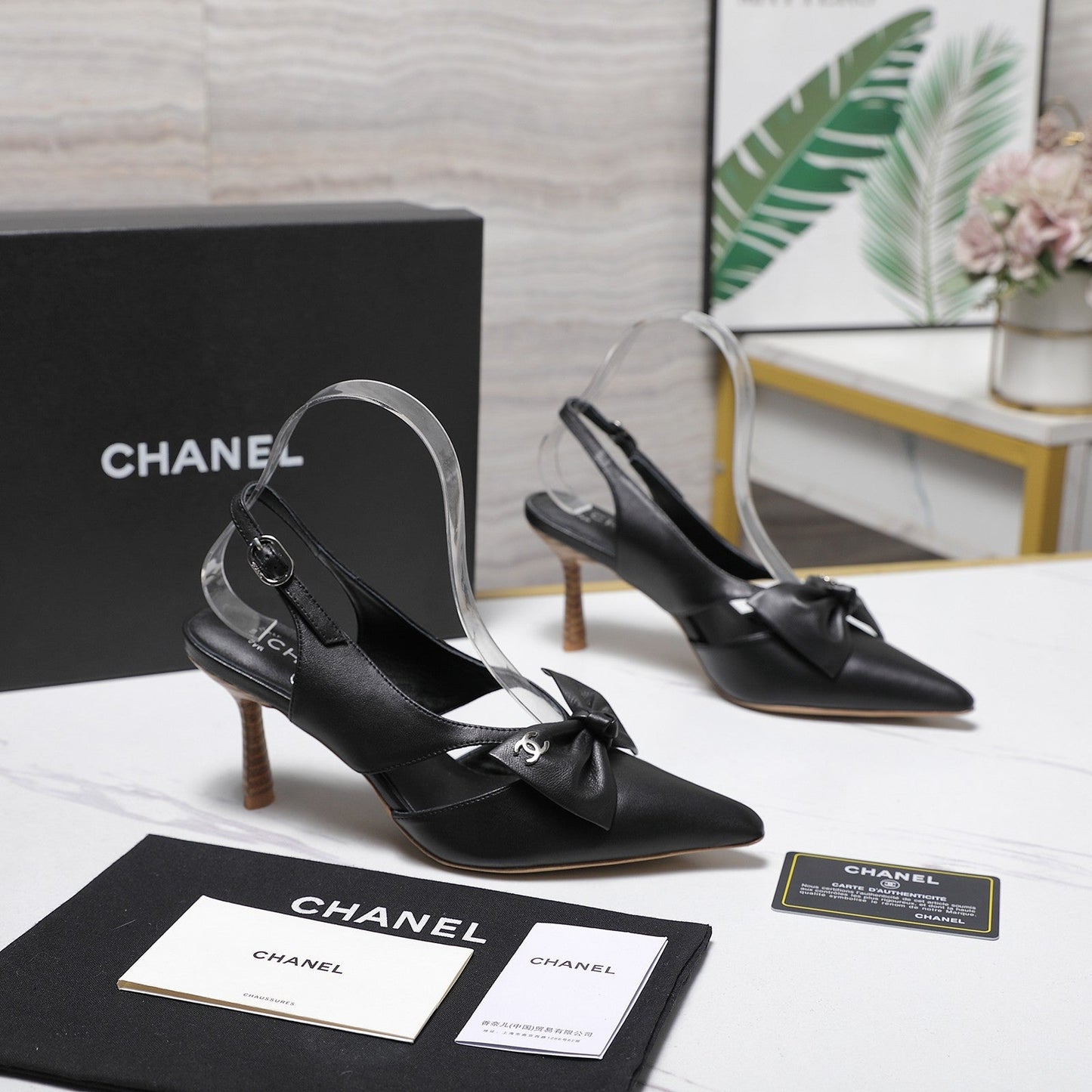 Chanel 2026 Bow Strappy High-Heeled Slingback 80mm Black Cowhide 758438