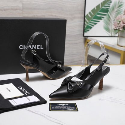 Chanel 2026 Bow Strappy High-Heeled Slingback 80mm Black Cowhide 758438