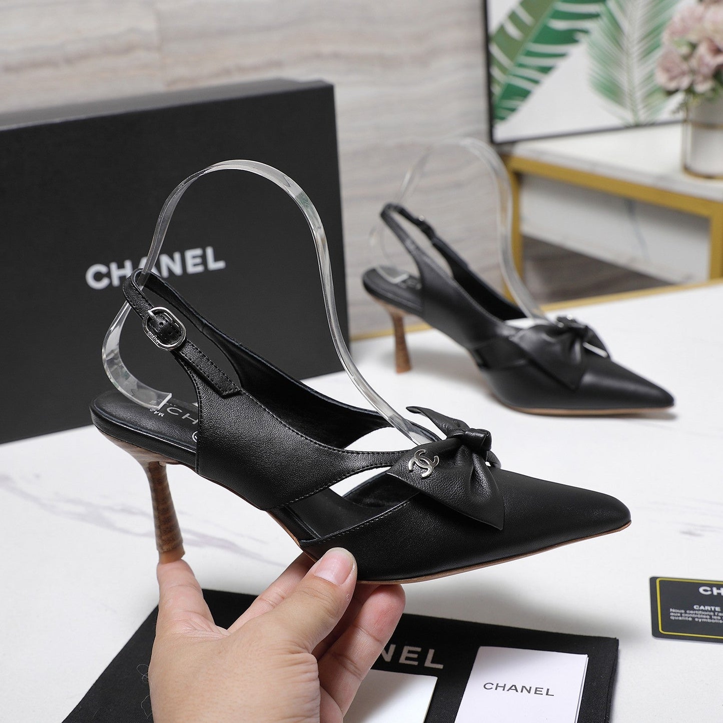 Chanel 2026 Bow Strappy High-Heeled Slingback 80mm Black Cowhide 758438