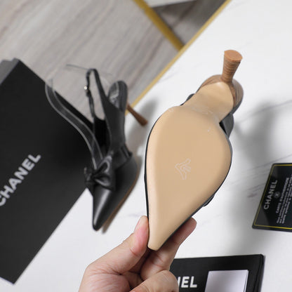 Chanel 2026 Bow Strappy High-Heeled Slingback 80mm Black Cowhide 758438