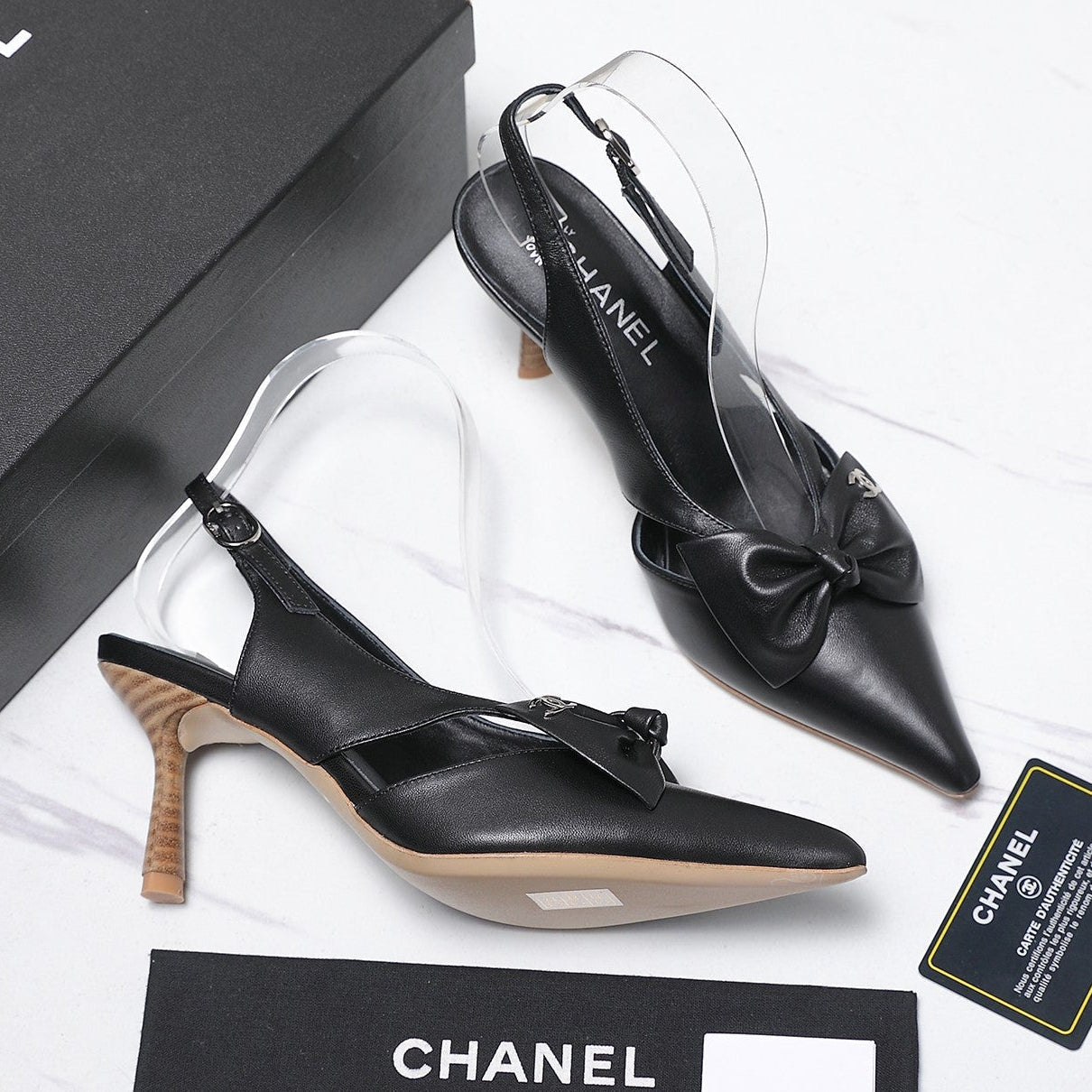 Chanel 2026 Bow Strappy High-Heeled Slingback 80mm Black Cowhide 758438