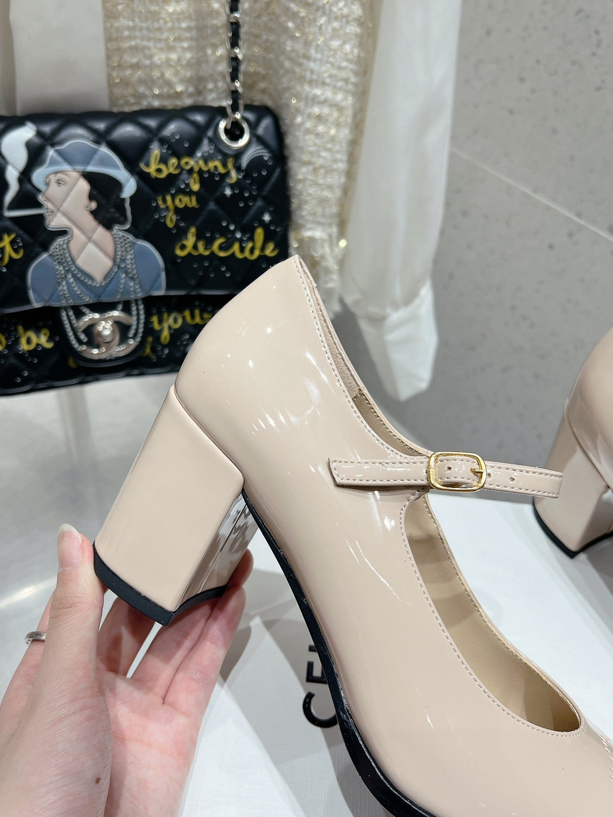 HIGH MARY JANE SHOES IN TAN BEIGE PATENT CALFSKIN