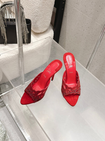 CL 26SS High-Heeled Slippers 100 Red Suede Sheepskin 636693