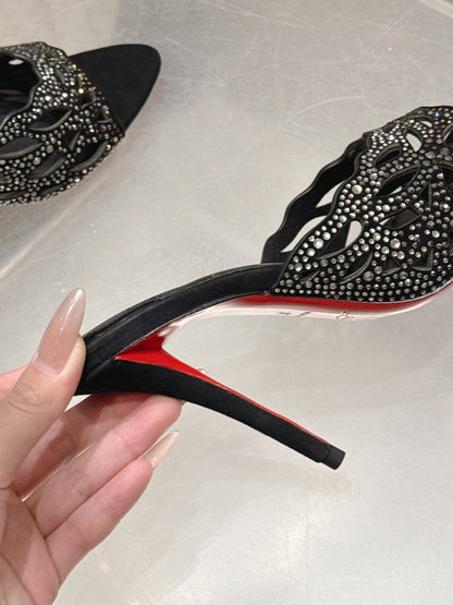 CL 26SS High-Heeled Slippers 100 Black Suede Sheepskin 636694